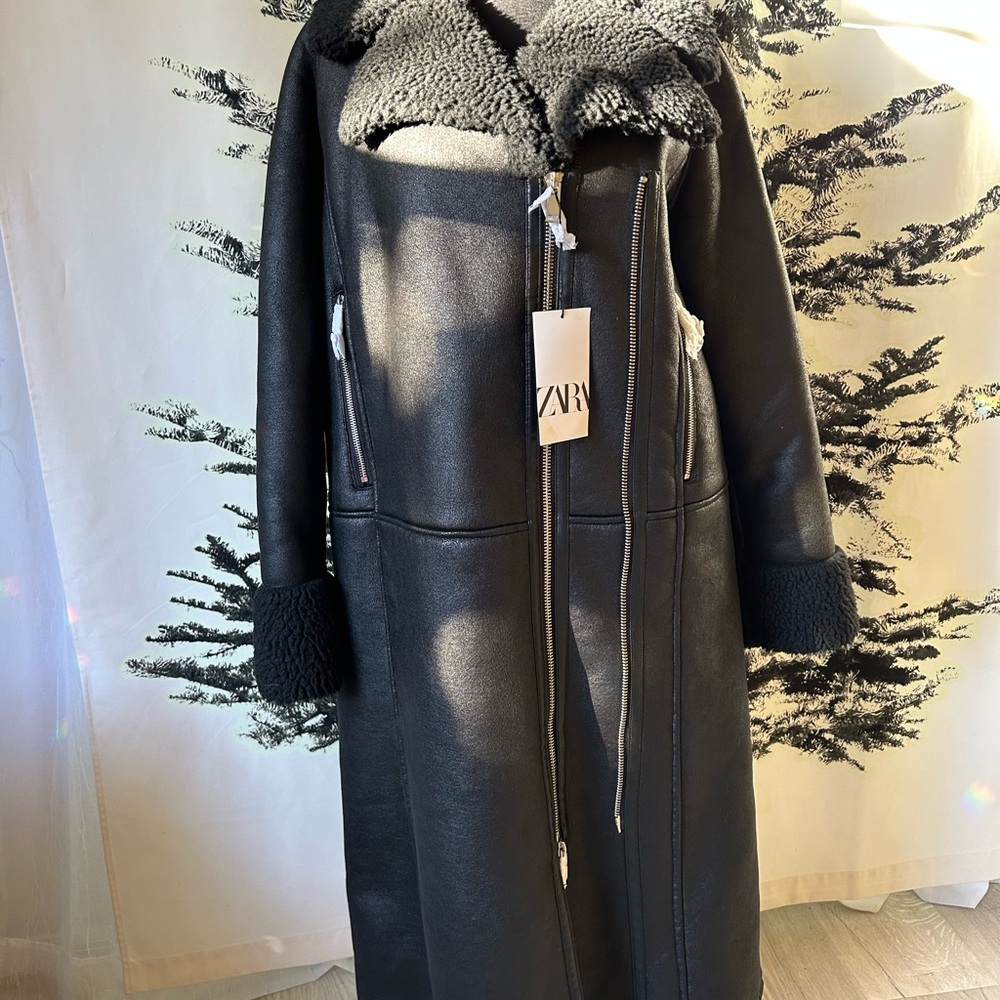 Zara Faux Leather Shearling Women's Black Coat